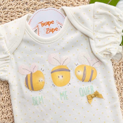 Kit 3 Peças - Bodys Manga Curta Bem Me Quer Abelhas - Amarelo, Off White e Mostarda